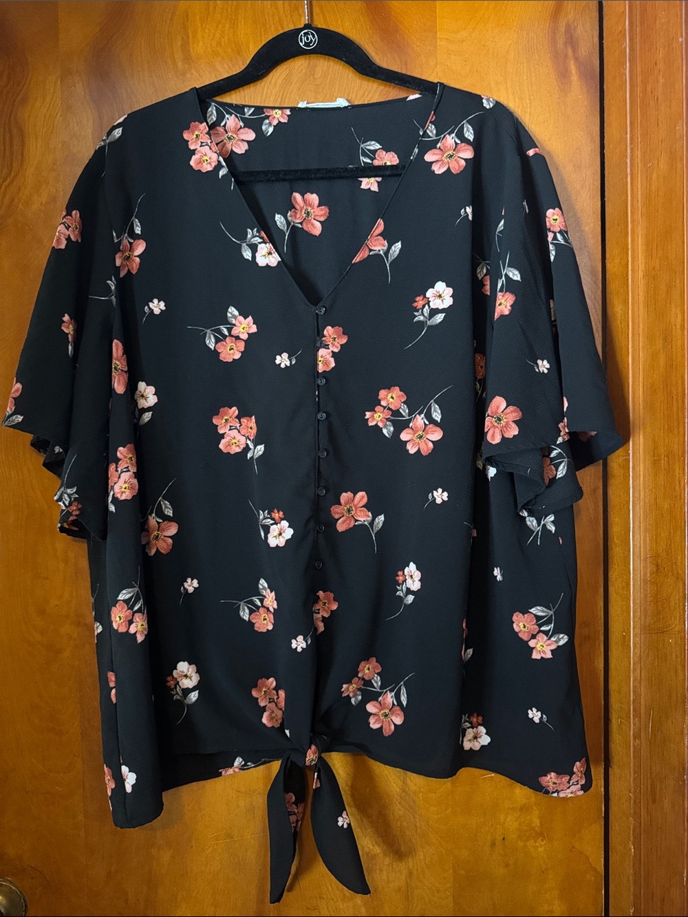 Lush Black Floral Tie-Front V-Neck Blouse